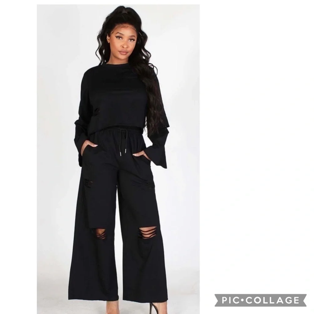 Black 2 Piece Slightly Distressed Pants & Top - Picture 4 of 5